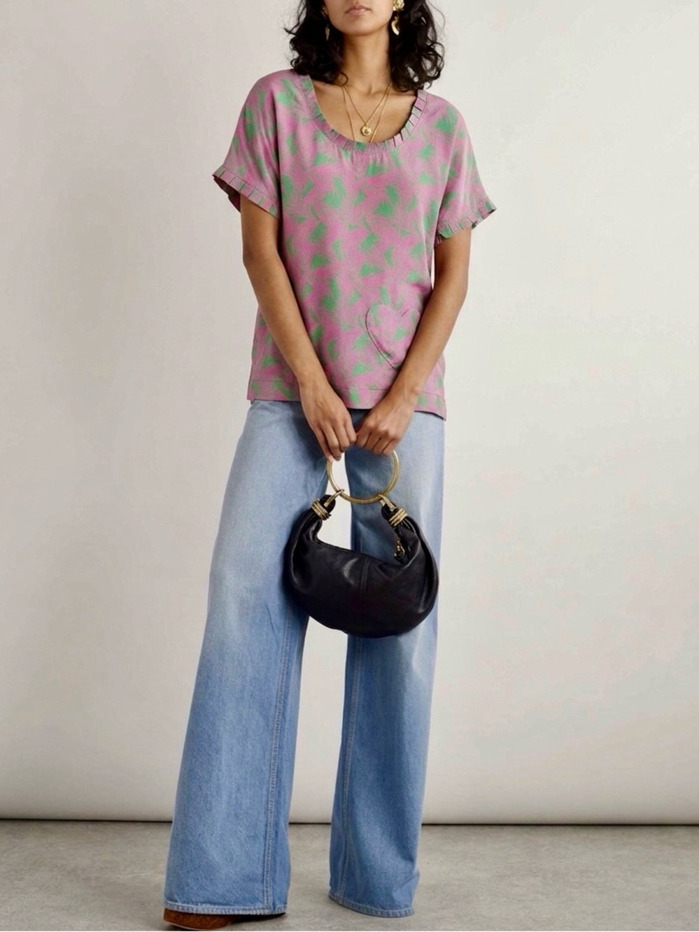 See by Chloé 100% Silk Pink Green Palm Print Blouse US 10 Boho Luxe Top Vacation